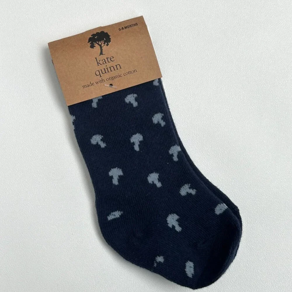 NWT Kate Quinn Baby Knee High Socks 0-6M Navy Tiny Mushroom Print Organic